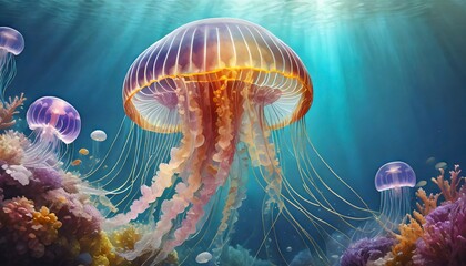 Big Colorful jellyfish in a blue underwater background - obrazy, fototapety, plakaty