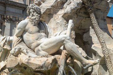 Detail of the Ganges sculpture at the Fountain of the Four Rivers at Piazza Navona, Rome, Italy