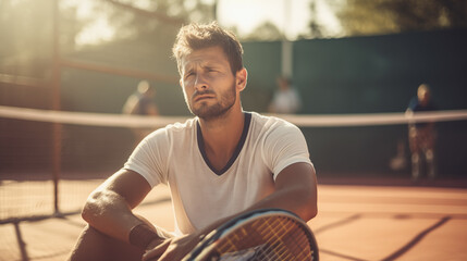 Sad and tired man tennis player sitting on the tennis court.