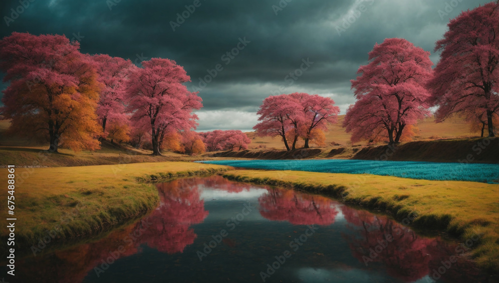 Poster an enchanted landscape with different elements of nature - ai generative