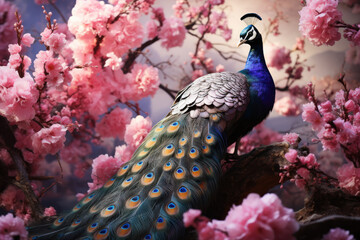 Colorful peacock on the background of pink sakura branches