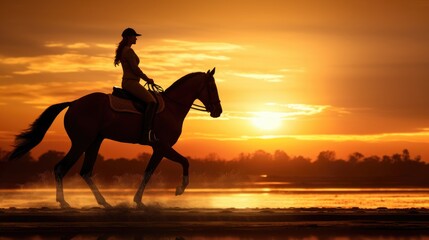 Majestic Horseback Riding: A breathtaking image of a girl jockey riding a powerful stallion, jumping over a crossbar in a rustic farm hangar at sunset.