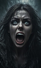 portrait of a horrified woman screaming