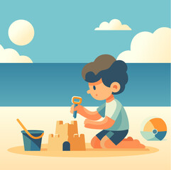 Child building a sandcastle on the beach, vector illustration, Kid playing with sand on the beach, Boy building a sandcastle stock vector image