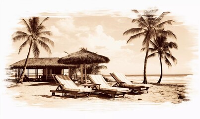 Obraz premium Rest on the beach, sunbeds, palm trees, bungalows. Old postcard, in stylized grunge and retro sepia style. Isolated on white background, AI generator