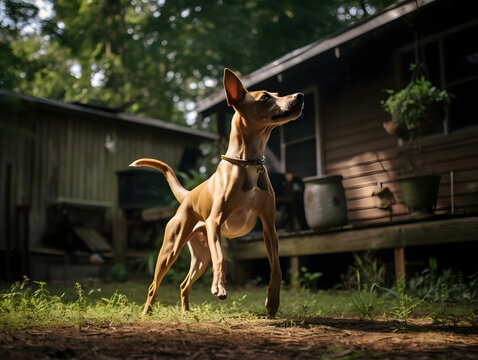 Feist Dog in Playful Stance in Backyard, Generative AI
