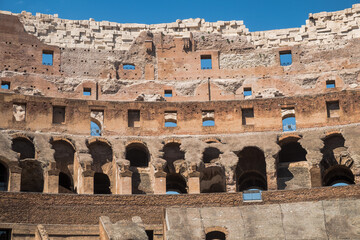 Upper part of the interior of the Colosseum, with no people, Rome, Italy