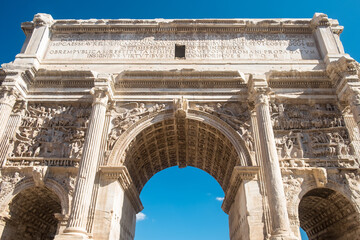 The triumphal Arch of Septimius Severus, a famous monument in the Roman Forum, Rome, Italy