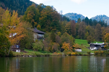 Fototapeta na wymiar Konigsee, Germany - lake surrounded with mountains, Berchtesgaden National Park, Bavaria, Germany