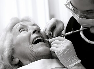 Elderly woman sitting in chair during the medical examination with female dentist in the dental office. Concept of dental care, installation of dental implants for elderly people. Black and white. - obrazy, fototapety, plakaty
