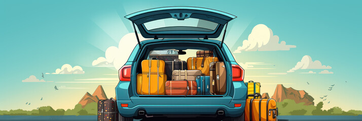 Open trunk of a car with suitcases and belongings, traveling by car to the mountains and forests, banner illustration