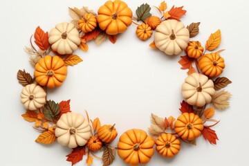 Autumn background wreath made of pumpkins and leaves