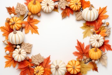 Autumn background wreath made of pumpkins and leaves