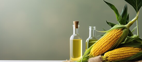 In the isolated background of nature a white glass bottle filled with healthy organic vegetable oil is used for cooking The aroma of natural organic corn fills the air enhancing the healthy  - obrazy, fototapety, plakaty