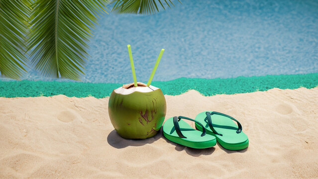 Um par de chinelos com um coco verde na areia da praia. Conceito de f&eacute;rias.