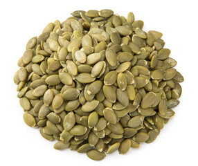 Heap of healthy organic pumpkin seeds on white background. Perfect ingredient for vegetarian, vegan and raw food diet.