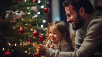A father and his daughter share a heartwarming moment as they decorate a glowing Christmas tree together.