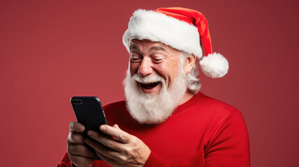 A man wearing a festive Santa hat is laughing with joy while looking at a smartphone in his hands against a solid background.