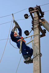 An electrician installs grounding on a power line