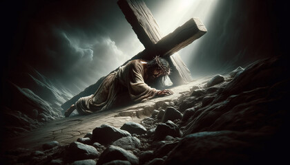 The Passion of Jesus Christ: Carrying the Cross to Calvary to be Crucified. - obrazy, fototapety, plakaty
