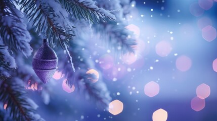 Purple ornaments on Christmas tree dark moody background. Merry Christmas Eve, Happy New Year...
