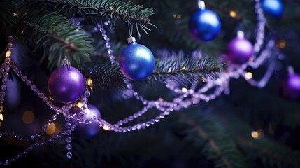 Obraz na płótnie Canvas Purple ornaments on Christmas tree dark moody background. Merry Christmas Eve, Happy New Year concept. Lilac violet Baubles decorations wallpaper. Copy space..
