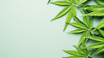Fototapeta na wymiar Cannabis leaves background. Hemp plant green leaf close-up. Growing organic cannabis herb plantation on the farm. Marijuana cultivation, alternative medicine concept.