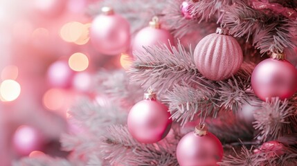 Fototapeta na wymiar Pinkmas concept. Pink Christmas tree branches decorated with ornaments in pink color. Merry Xmas, Happy New Year 2024 in trendy colors. Vibrant colorful background for cards, invitations, greetings.