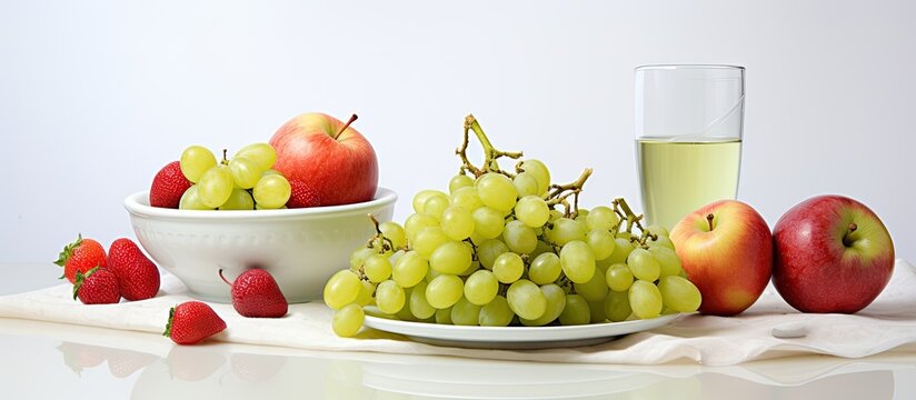 In the morning I prepared a healthy breakfast of fresh fruit including red apples and green grapes against the white backdrop of my isolated kitchen With a glass of fruit infused water by my