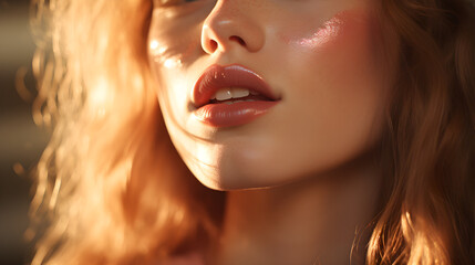 mujer blanca con labios hermosos y luz en el rostro  - obrazy, fototapety, plakaty
