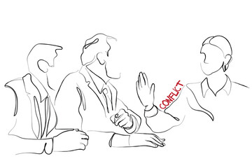 hand drawn line art vector of two frustrated and confused men sitting facing each other over a business conflict