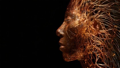 Profile form of a face from copper wires on a dark black background