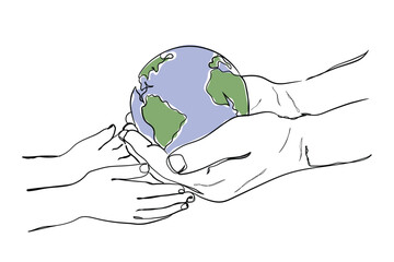hand drawn line art vector of The man gives planet Earth to baby. Ecology concept, earth day. Environmental crises awareness.