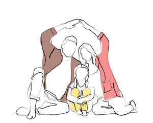 hand drawn line art vector of Happy family forming house roof with their hands at home. Happy parents happy family. Protected children. Insurance policy. Child psychology concept. Modern family