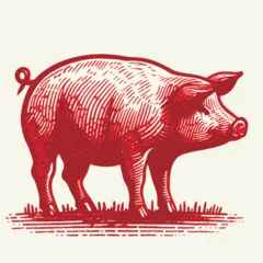 Fotobehang Red pig silhouette for meat industry or farmers market hand drawn stamp effect vector illustration © Ahmed