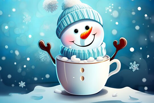 cartoon illustration, snowman and cacao