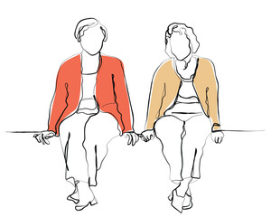 Elderly people seated together poster art. Old people in group. Pensioners and seniors. hand drawn line art vector of old ladies seated together. Female friendship. elderly women.