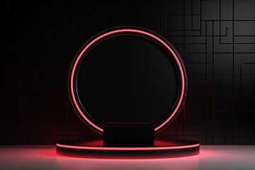 Circle pedestal on red neon and black studio background