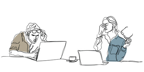 line art vector of two young men busy working in office. Overworked colleagues. Hardworking individuals concept at. Hand drawn vector.