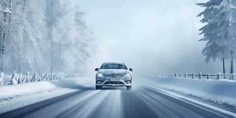 A car speeding down a snowy road, surrounded by a breathtaking winter landscape of snow-covered mountains and a dense forest. Emphasize the sense of motion and adventure