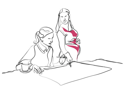recommend clip art: hand drawn line art vector of Pregnant, business woman and presentation at a teamwork workshop with speech and communication. Manager, female speaker and company staff meeting. Vector drawing office