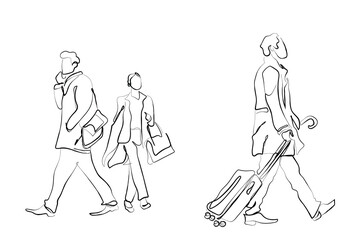 hand drawn line art vector of people on business trip. Official tour. Travel for business. Continuous line art contour.