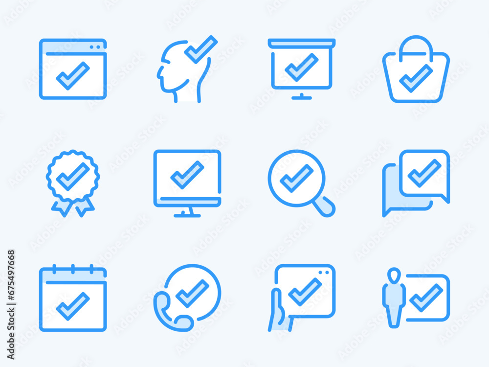 Poster checkmark and acceptance vector line icons. check mark, tick and approve outline icon set. website, 