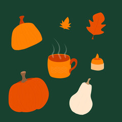Autumn illustration elements, pumpkin, hot chocolate, leaf on dark green background, cozy illustration 
