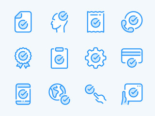 Checkmark and Acceptance vector line icons. Check, Tick and Approve outline icon set. Document, Receipt, Award Ribbon, Credit Card, Plan, Smartphone and more.