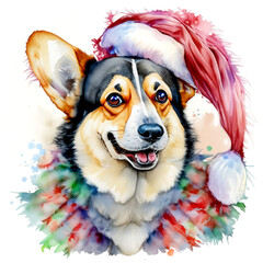 Świąteczny pies Corgi w czapce świętego Mikołaja - obrazy, fototapety, plakaty