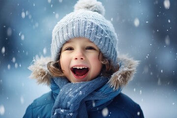 A little boy experiences the joy of winter, wrapped in a warm hat and scarf, surrounded by snowflakes.