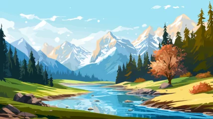 Foto op Plexiglas Summer landscape with mountains, river and forest. Vector illustration. Beautiful landscape for print, flyer, background. Travel concept. © xxstudio