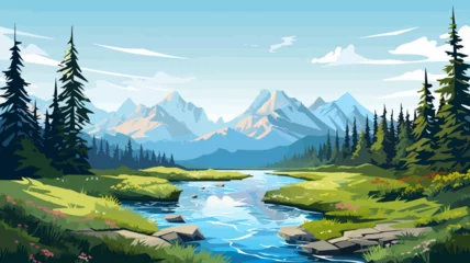 Fototapeten Summer landscape with mountains, river and forest. Vector illustration. Beautiful landscape for print, flyer, background. Travel concept. © xxstudio