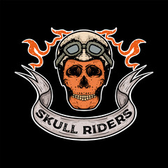 Rider skull with retro racer attributes. Vintage style. Vector art.